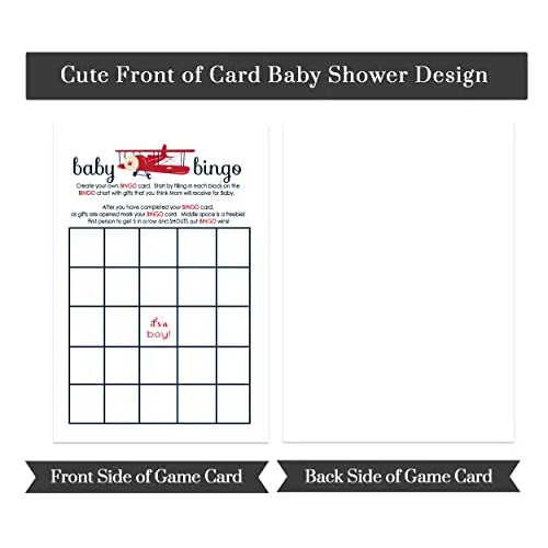 Baby shower bingo game cards - 25-pack airplane theme red & blue landing soon design - party games