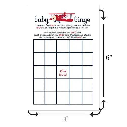 Baby shower bingo game cards - 25-pack airplane theme red & blue landing soon design - party games