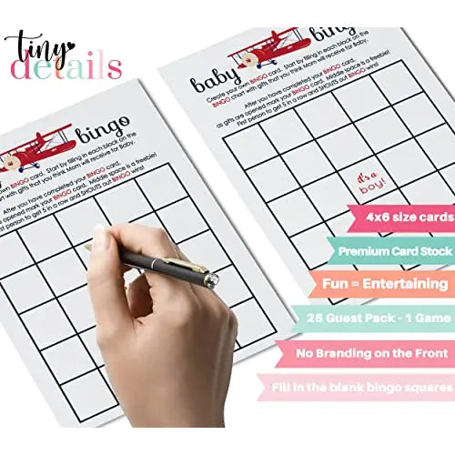 Baby shower bingo game cards - 25-pack airplane theme red & blue landing soon design - party games