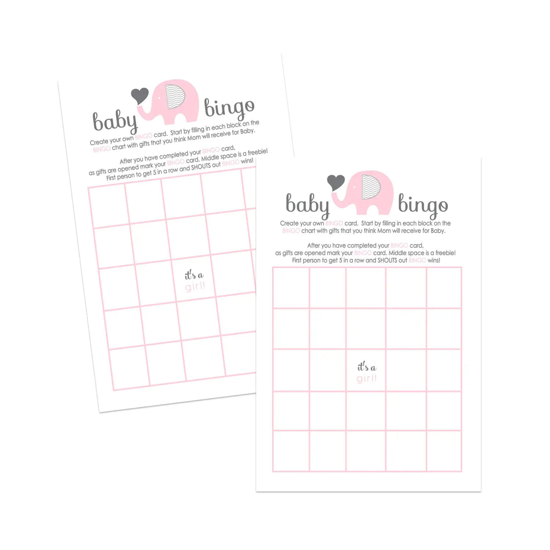 Baby shower bingo game cards - 25-pack girl’s jungle animal theme pink elephant design - party games
