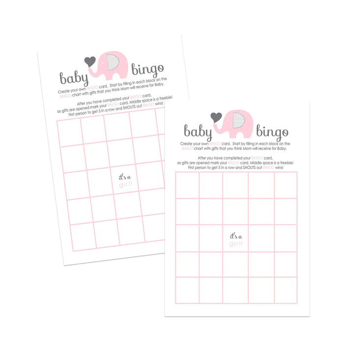 Baby shower bingo game cards - 25-pack girl’s jungle animal theme pink elephant design - party games
