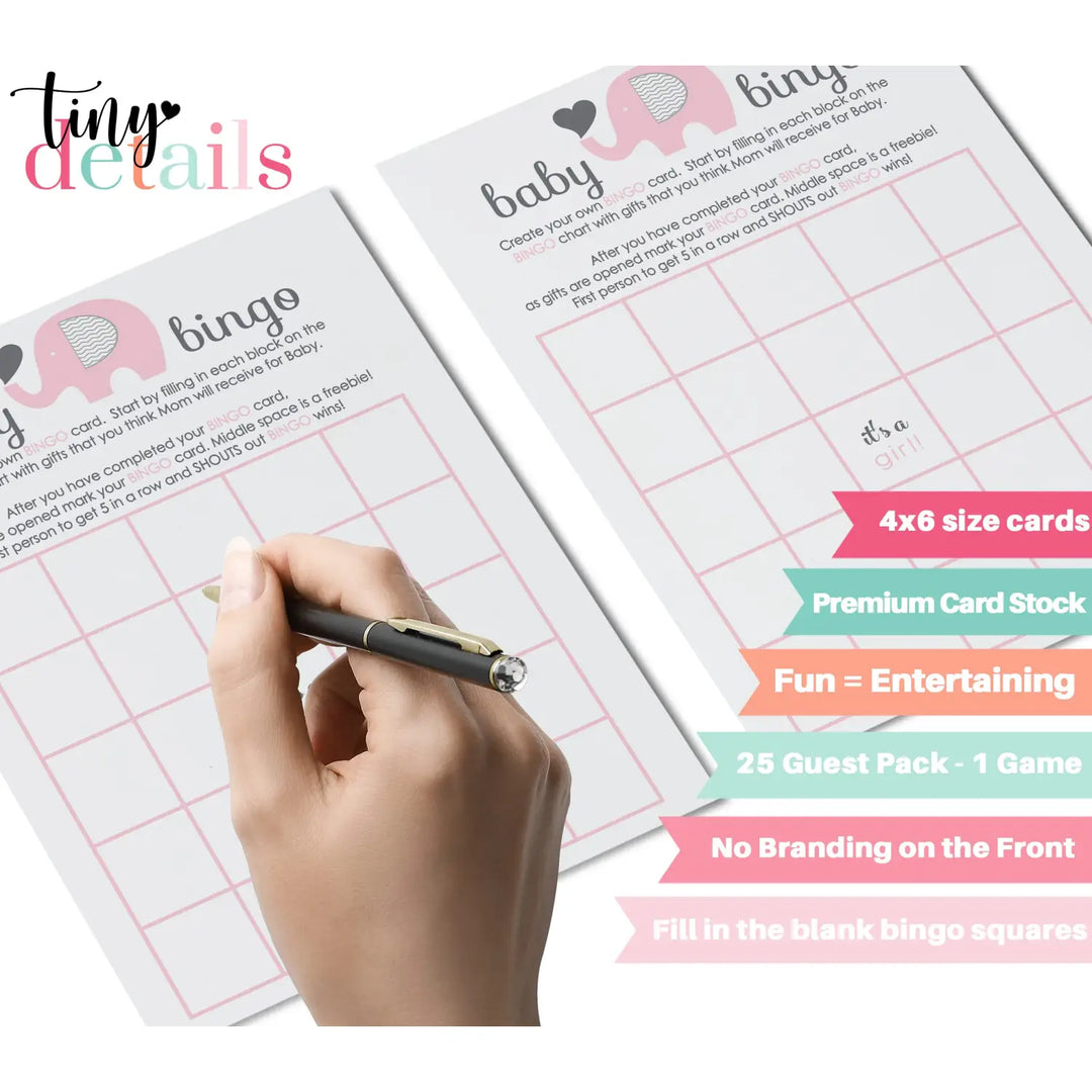 Baby shower bingo game cards - 25-pack girl’s jungle animal theme pink elephant design - party games