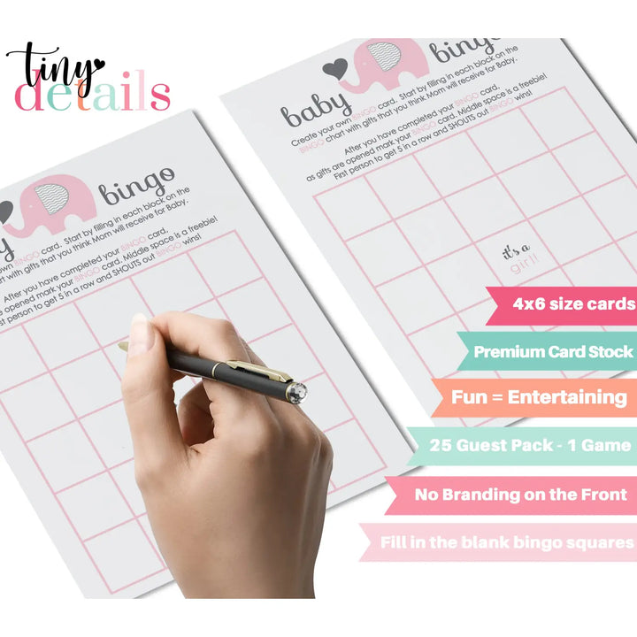 Baby shower bingo game cards - 25-pack girl’s jungle animal theme pink elephant design - party games