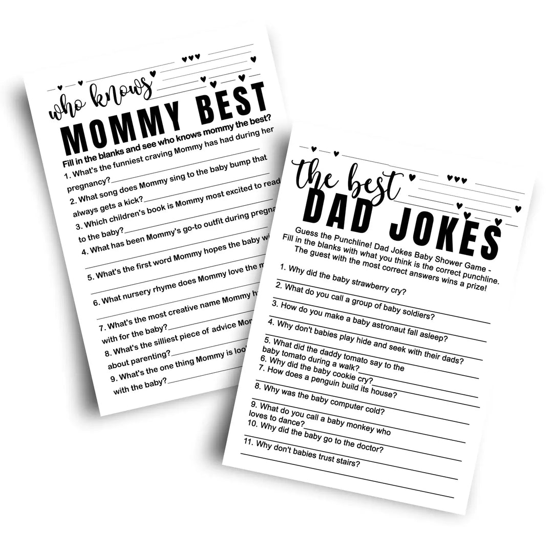 Black and white baby shower game 2-in-1 set - who knows mommy best & dad jokes 25 pack - party games