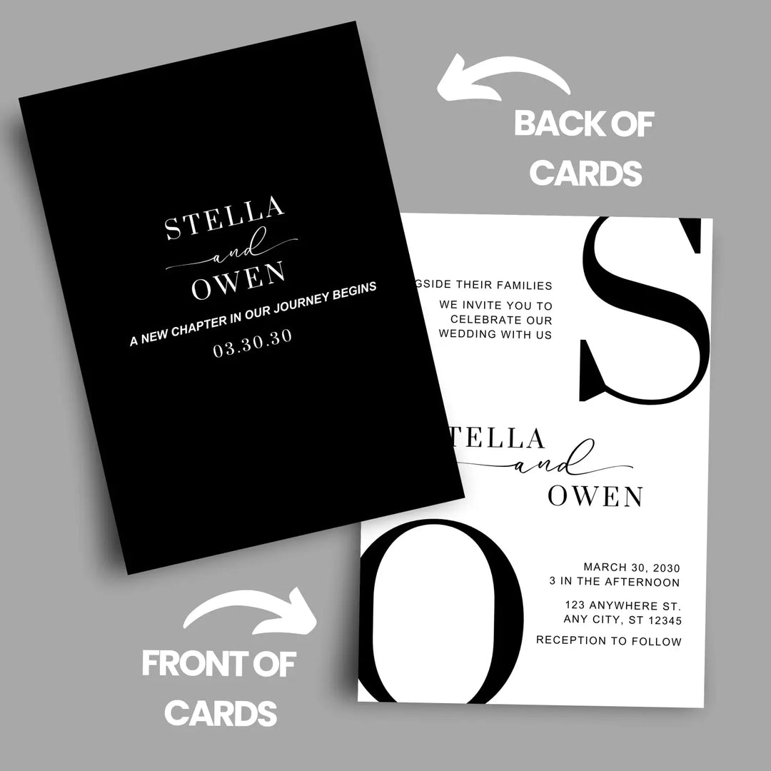 Modern wedding invitations minimalist design 5x7 thick cardstock black and white