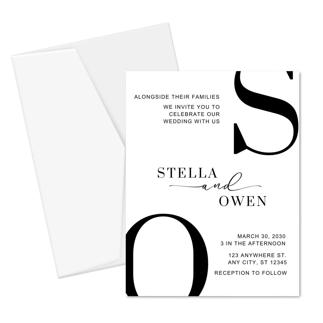 Modern wedding invitations minimalist design 5x7 thick cardstock black and white