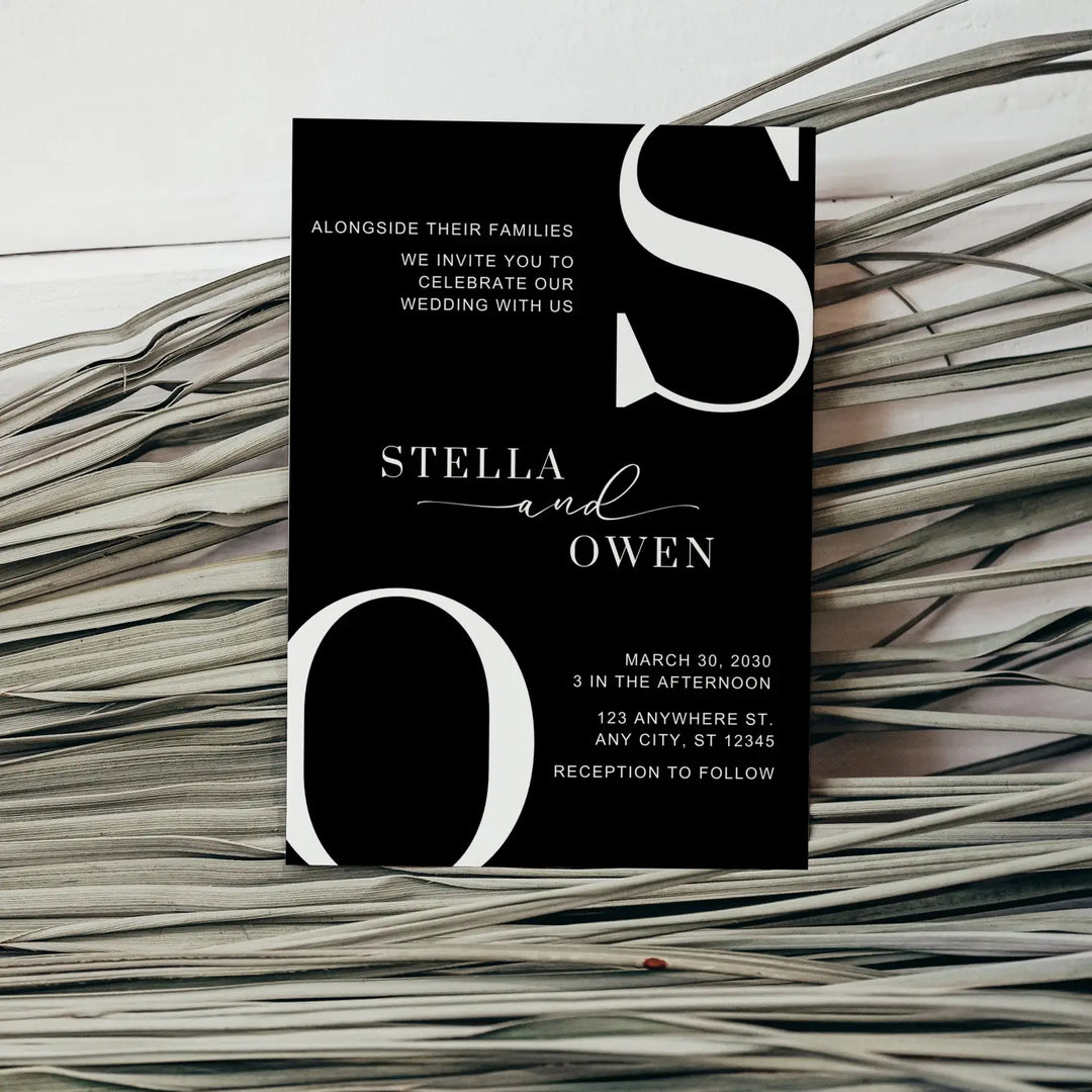 Modern wedding invitations minimalist design 5x7 thick cardstock black and white