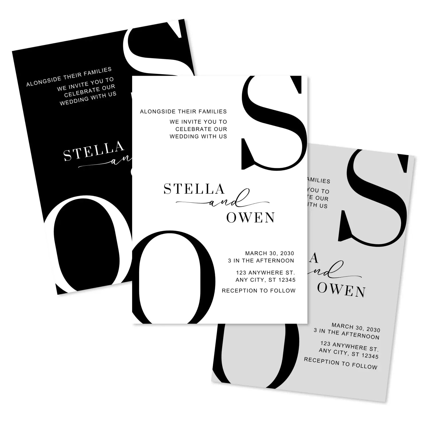 Modern wedding invitations minimalist design 5x7 thick cardstock black and white