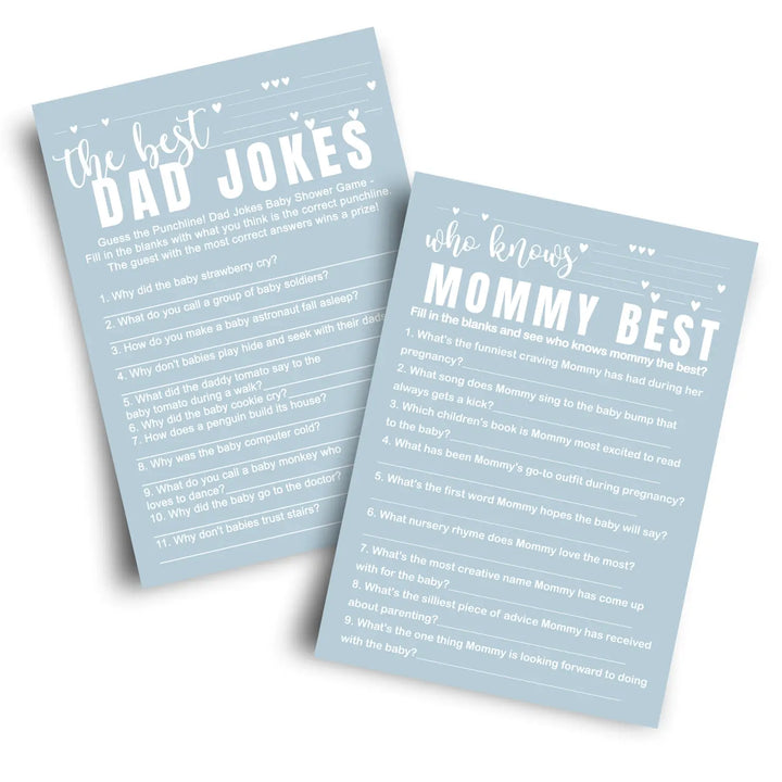 Blue baby shower game set - who knows mommy best & dad jokes modern minimalist 25 pack - party games