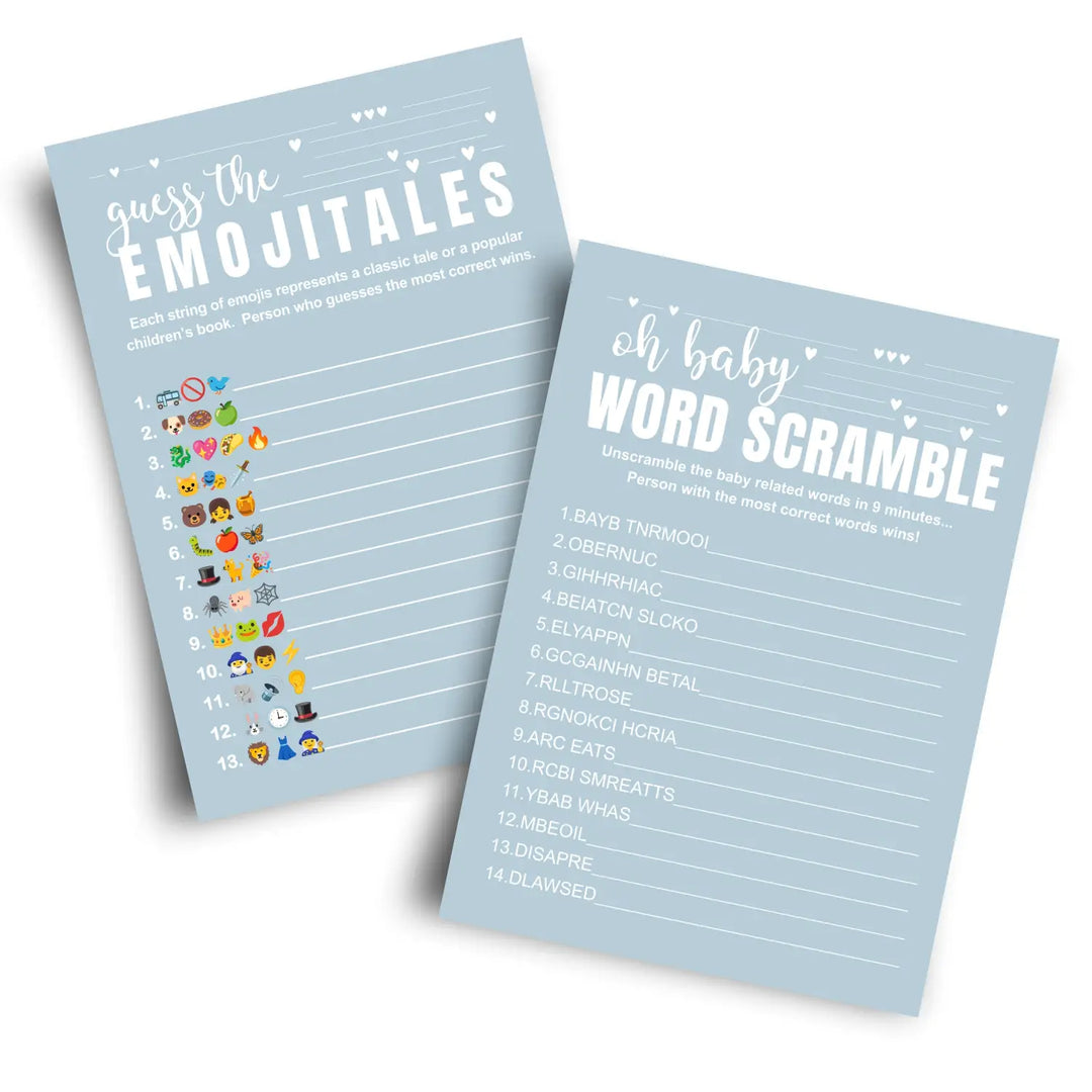 Blue baby shower game set - word scramble and guess the pictograms titles 5x7 double-sided cards 25 pack with answer