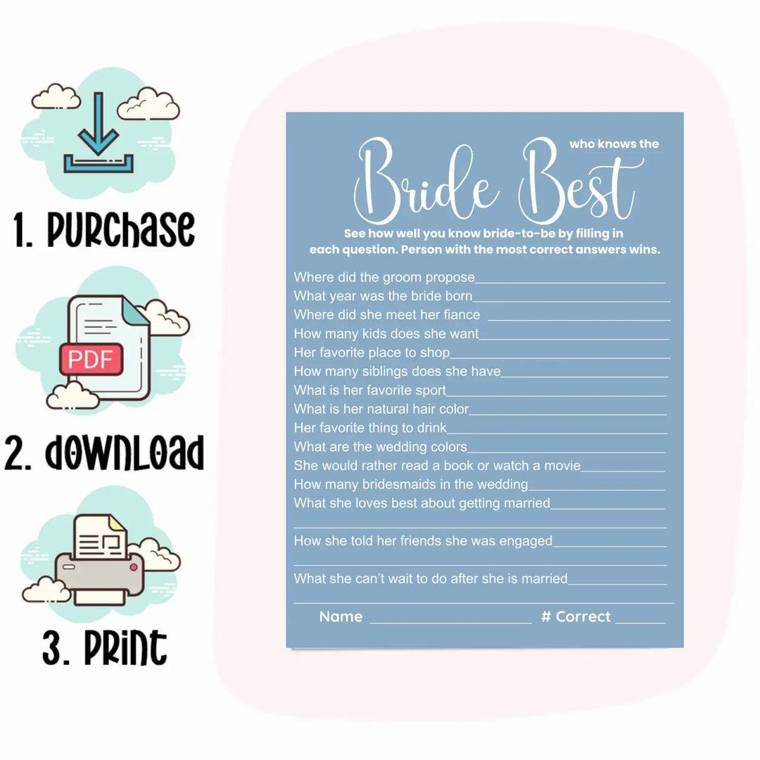 Blue bridal shower game printables - instant download of 4 fun wedding games - party