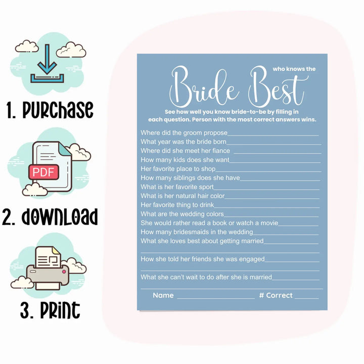 Blue bridal shower game printables - instant download of 4 fun wedding games - party