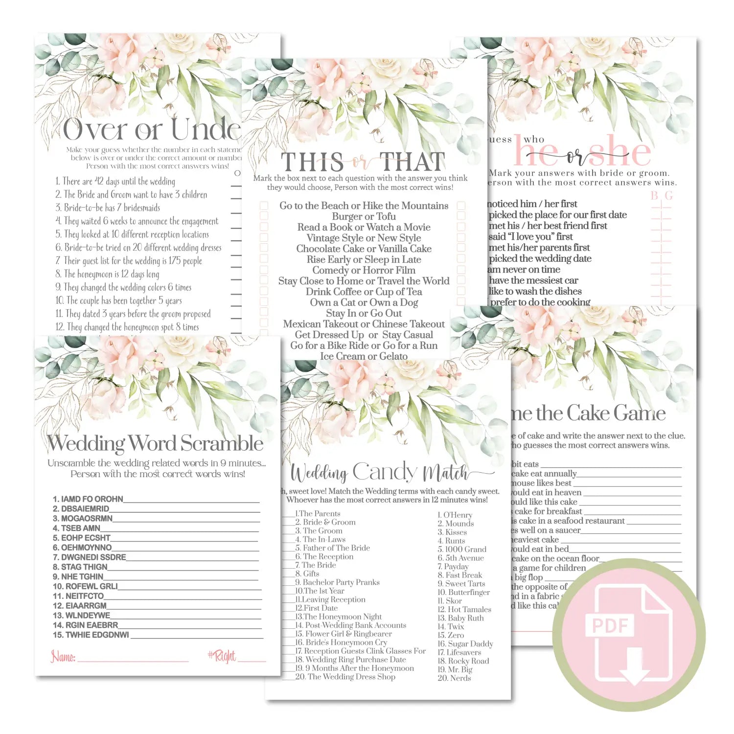 Blush blooms bridal shower game instant download diy fun printable activities wedding pdf - party games