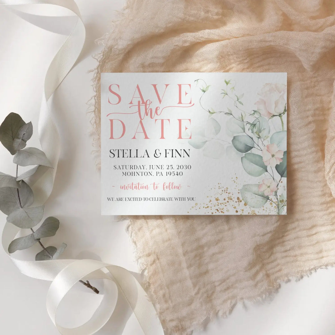 Pink and gold save the date cards 3.5x5 & 4bar sizes printable printed options wedding event announcements - invitations
