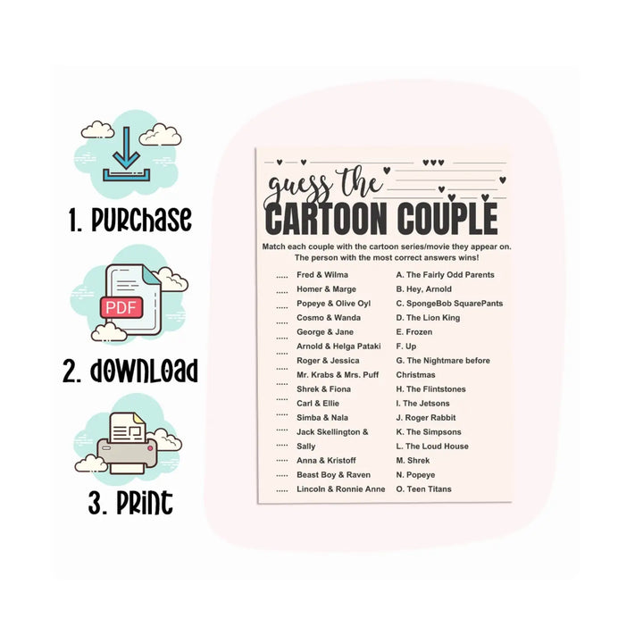 Bohemian bliss cartoon couples match-up - fun bridal shower game - instant download - party games
