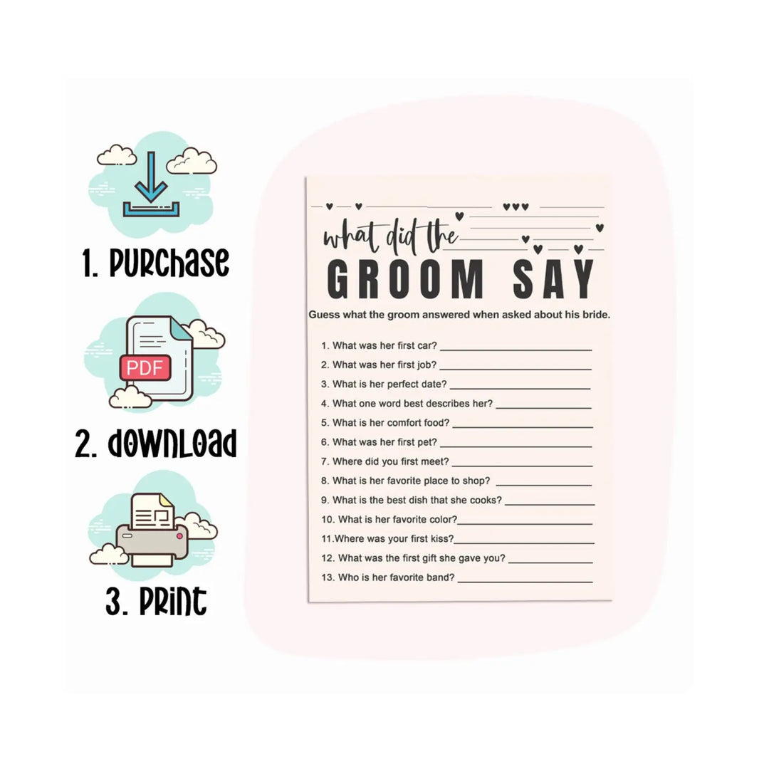 Bohemian bliss diy bridal shower game - what did the groom say? - instant pdf download - party games