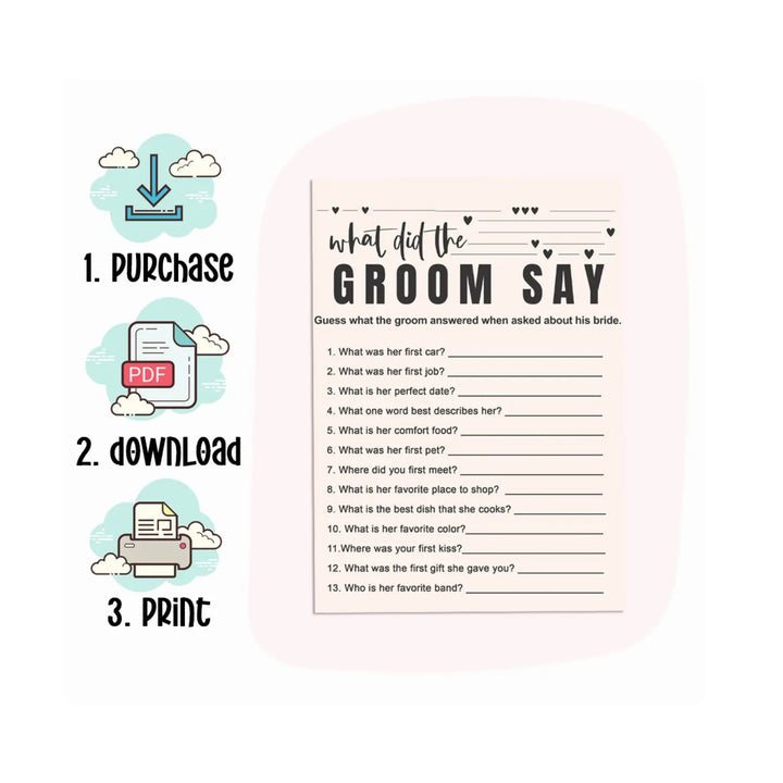 Bohemian bliss diy bridal shower game - what did the groom say? - instant pdf download - party games