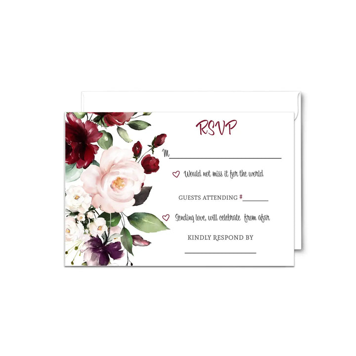 Boho burgundy blossom rsvp cards contemporary floral 3.5x5 pack of 25 - invitations