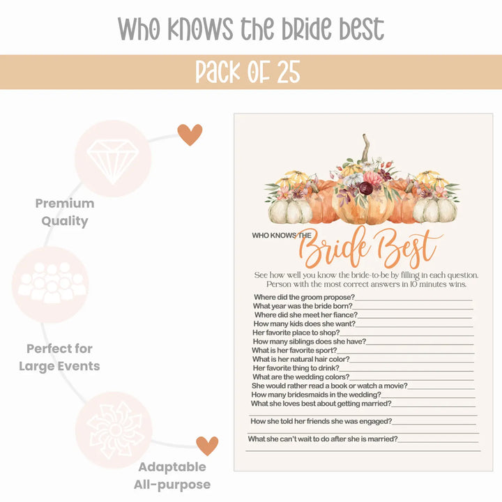 Bridal shower game set - rustic pumpkin ‘would she rather’ & ‘bride best’ fun double-sided cards for 25 guests - party