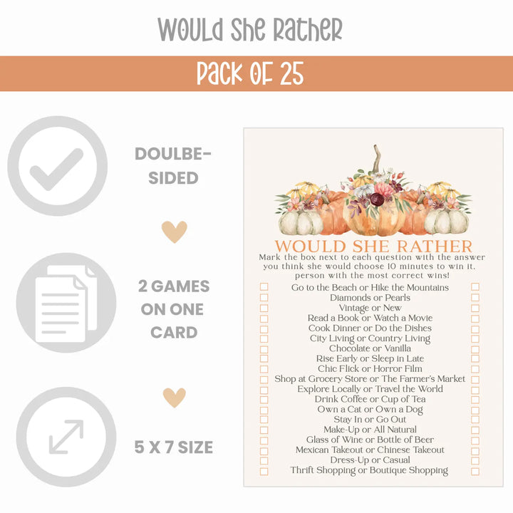 Bridal shower game set - rustic pumpkin ‘would she rather’ & ‘bride best’ fun double-sided cards for 25 guests - party