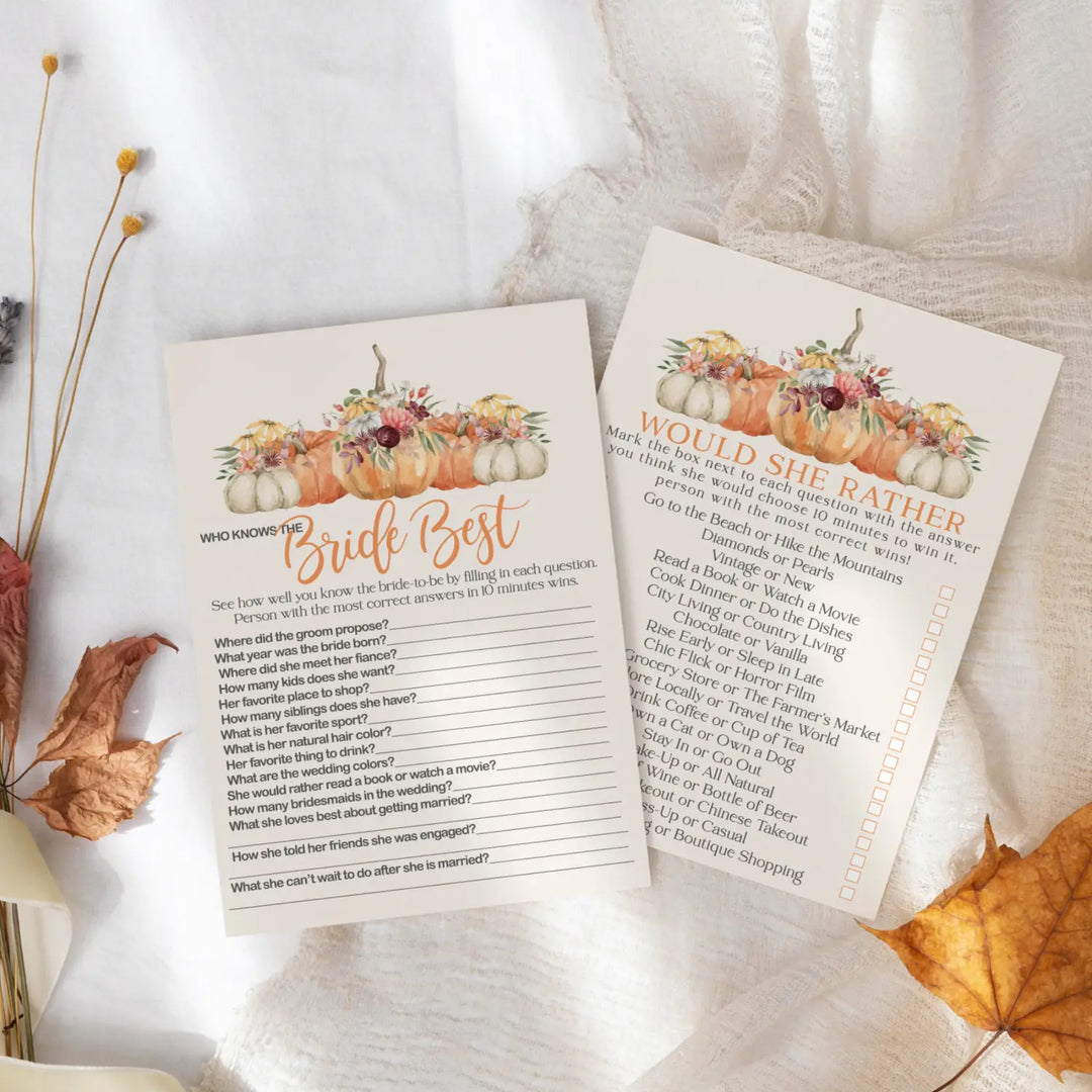 Bridal shower game set - rustic pumpkin ‘would she rather’ & ‘bride best’ fun double-sided cards for 25 guests - party