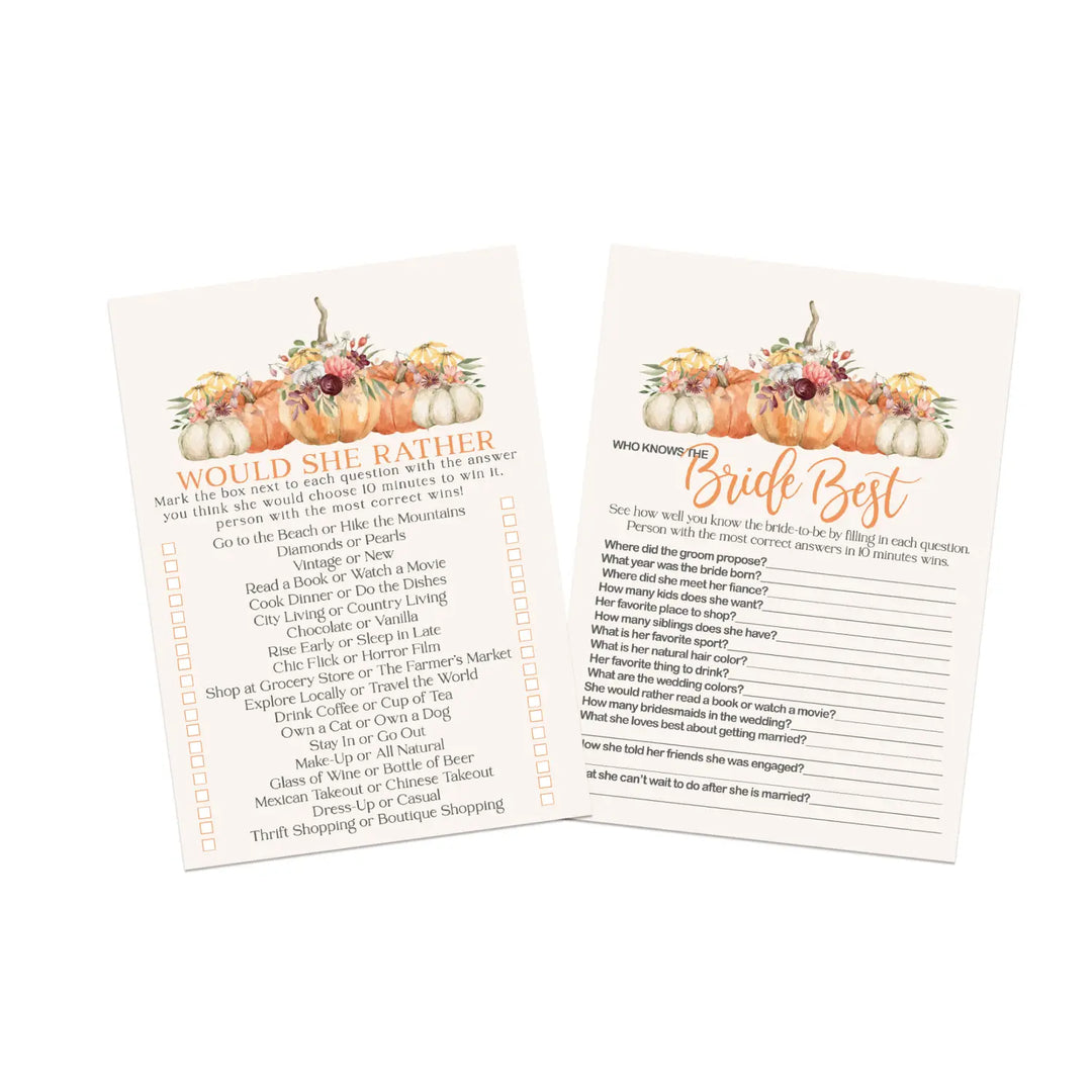 Bridal shower game set - rustic pumpkin ‘would she rather’ & ‘bride best’ fun double-sided cards for 25 guests - party