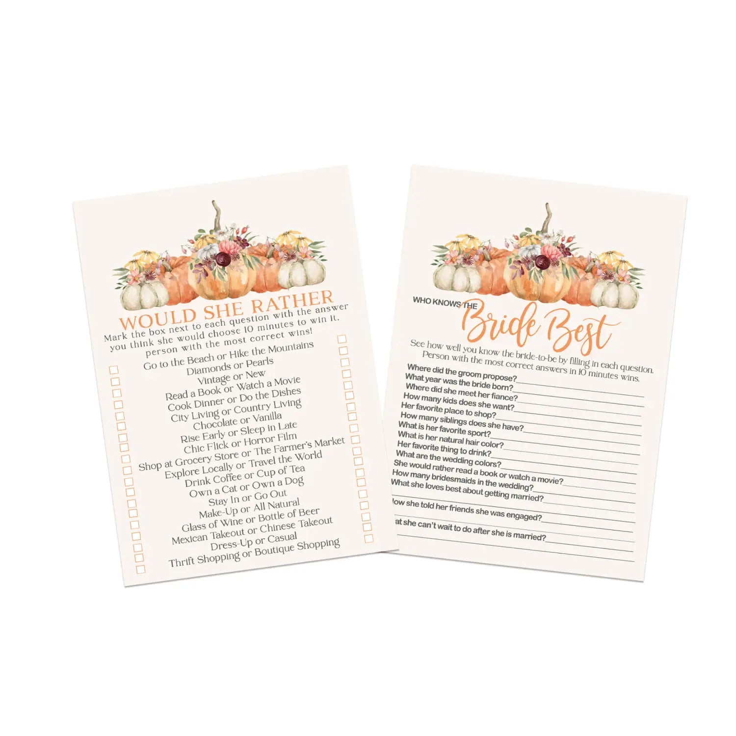 Bridal shower game set - rustic pumpkin ‘would she rather’ & ‘bride best’ fun double-sided cards for 25 guests - party