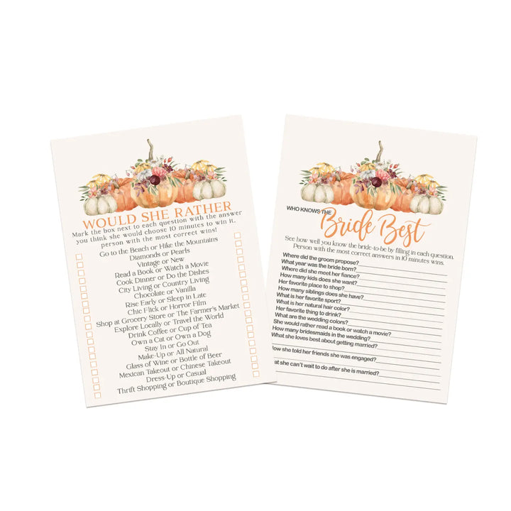 Bridal shower game set - rustic pumpkin ‘would she rather’ & ‘bride best’ fun double-sided cards for 25 guests - party