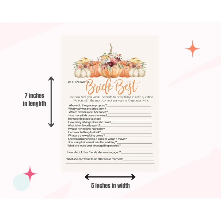 Bridal shower game set - rustic pumpkin ‘would she rather’ & ‘bride best’ fun double-sided cards for 25 guests - party
