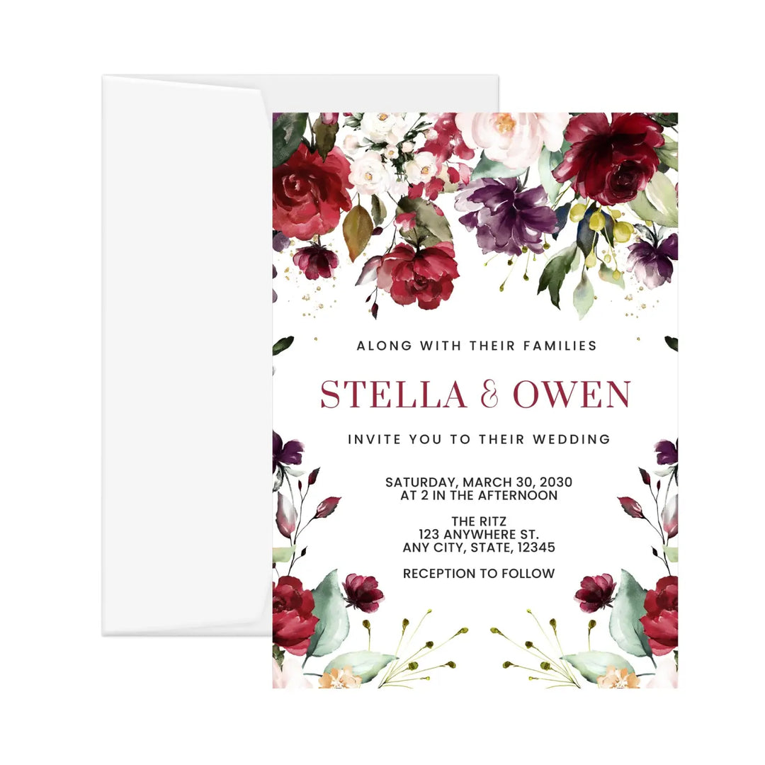 Elegant red roses & blush floral personalized invitations for weddings showers and special celebrations