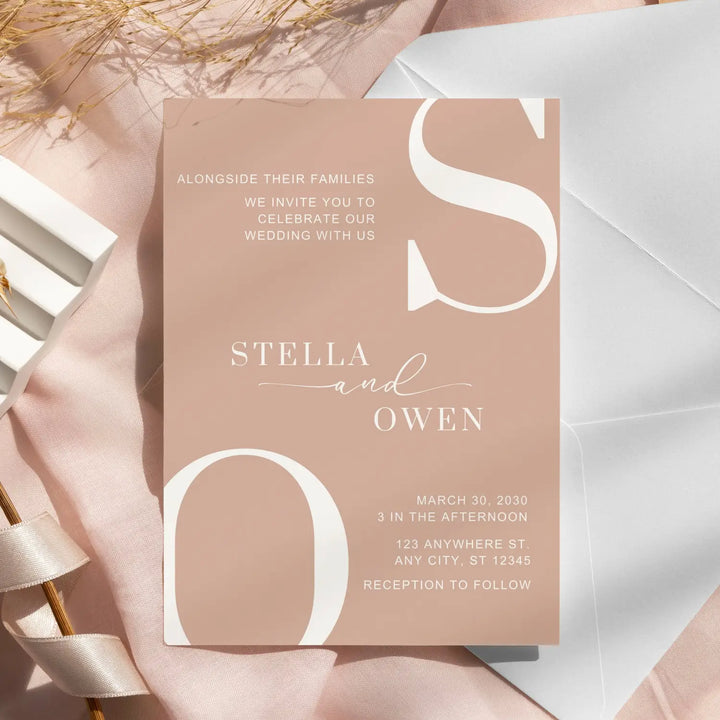 Modern custom wedding invitations minimalist design 5x7 thick cardstock canyon sunset