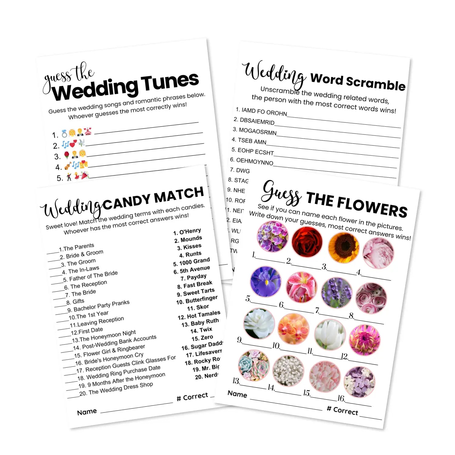 Chic black and white bridal shower game bundle - instant download of 4 fun wedding games with answer keys - party