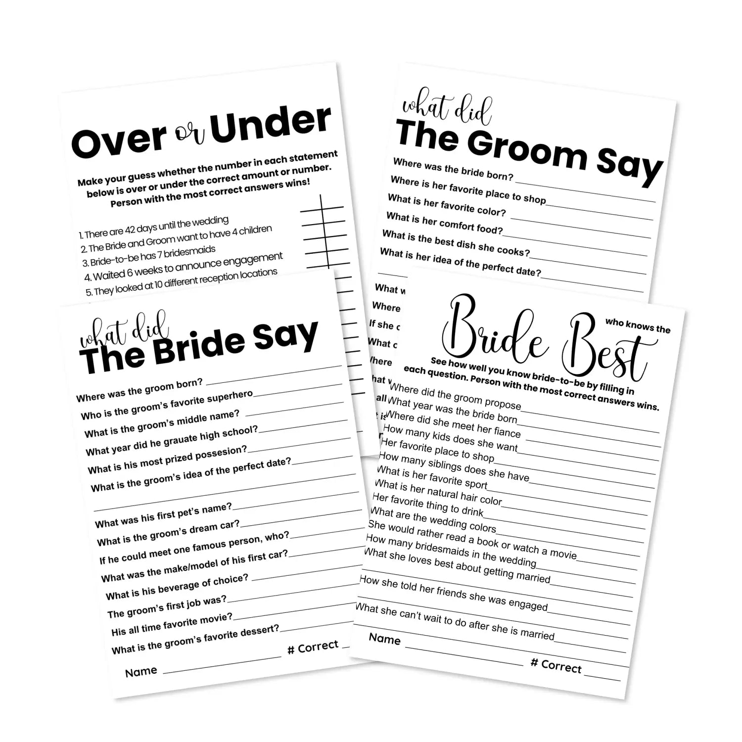 Chic black and white bridal shower game bundle - instant download of 4 fun wedding games for a timeless elegant affair