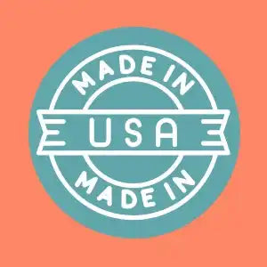 Circular ’Made in USA’ badge with teal and coral colors.
