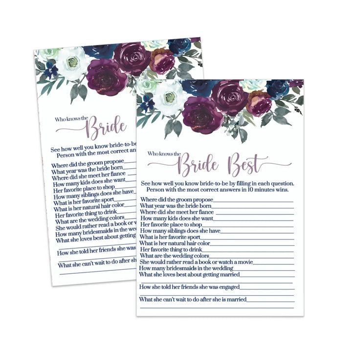 Country floral bridal shower game printable - navy & plum - party games