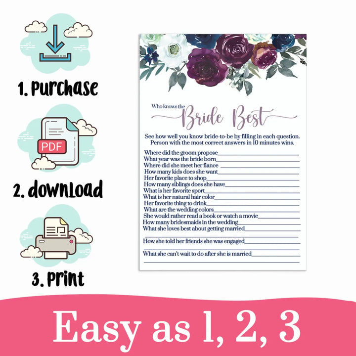 Country floral bridal shower game printable - navy & plum - party games