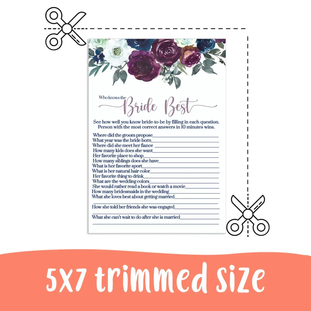 Country floral bridal shower game printable - navy & plum - party games