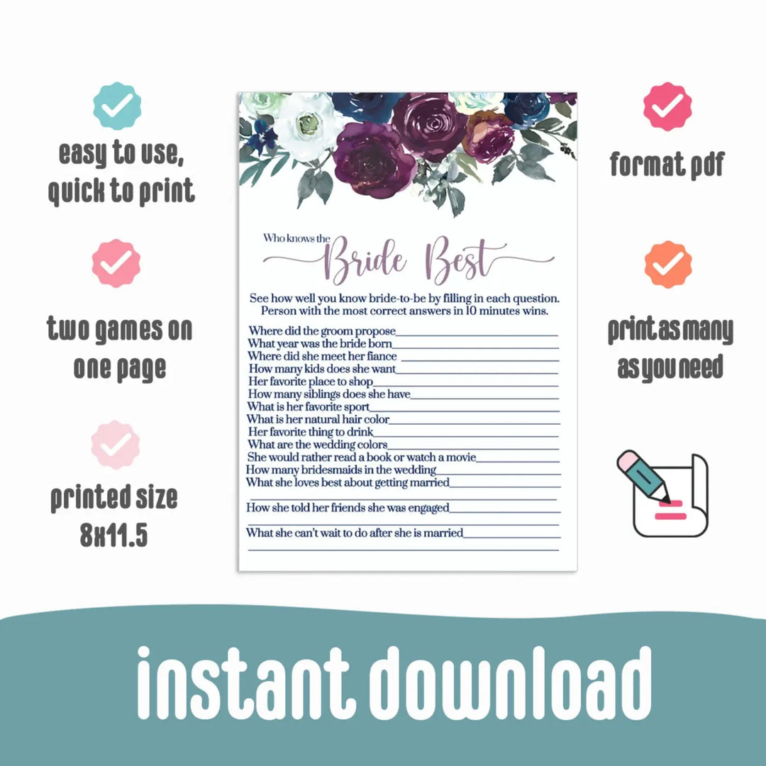 Country floral bridal shower game printable - navy & plum - party games