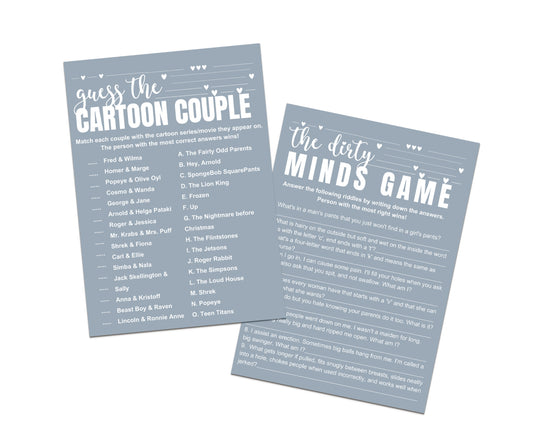 Denim Blue Bridal Shower Game Duo, Dirty Minds & Cartoon Couples Match