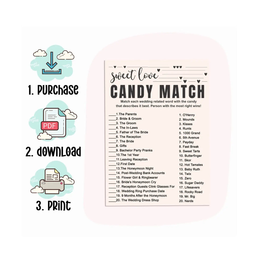 Diy bridal shower game pdf - hilarious match the candies challenge - printable bohemian bliss - party games