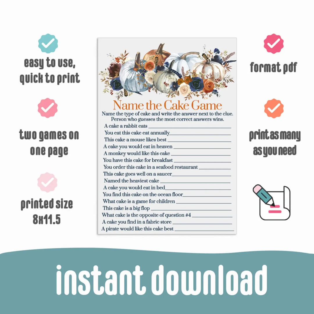 Diy pumpkin guess the cake game - printable bridal shower & wedding fun - floral pdf instant download - party games