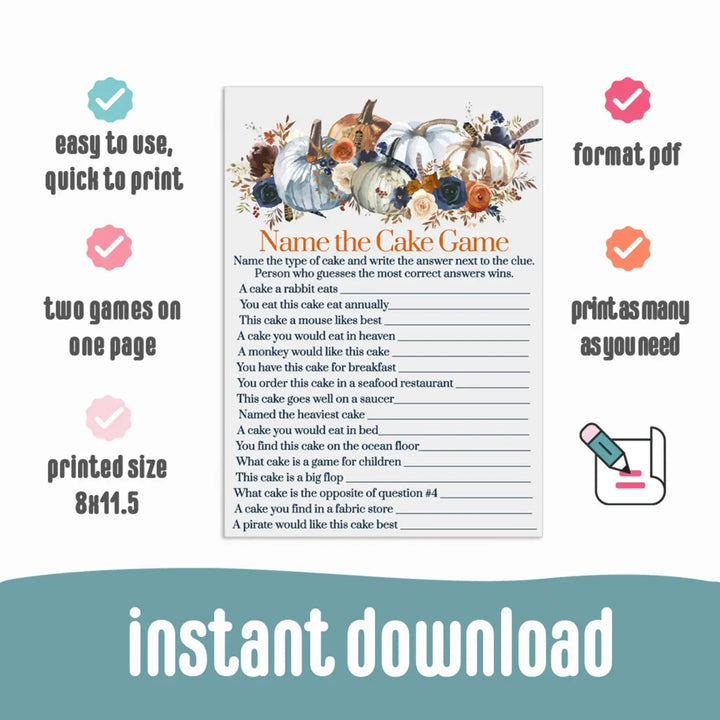 Diy pumpkin guess the cake game - printable bridal shower & wedding fun - floral pdf instant download - party games