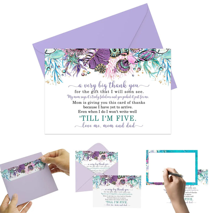 Enchanting seashells girls baby shower thank you cards - (15 pack) with purple envelopes 4x6 - office product