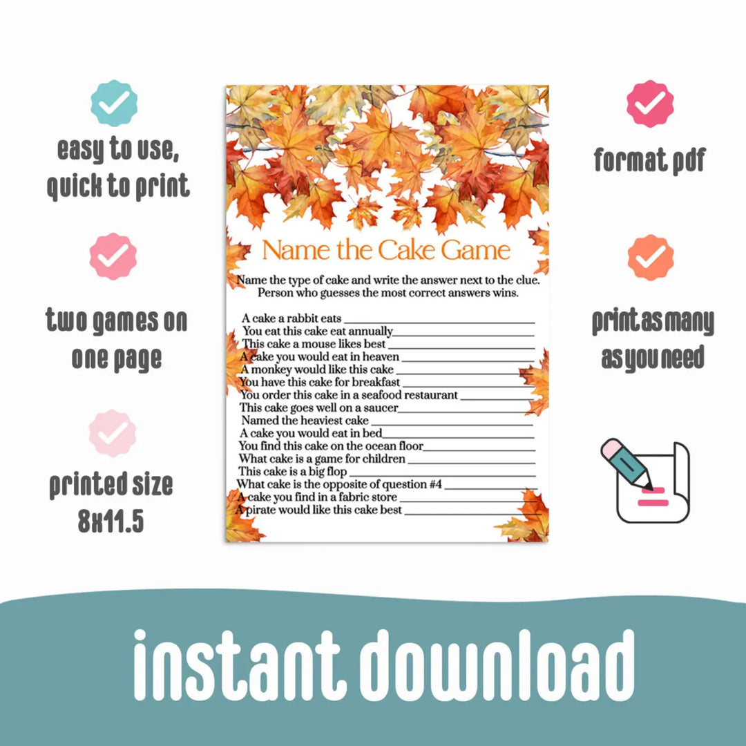 Fall in love guess the cake game - autumn bridal shower & wedding reception fun - instant pdf digital download - party