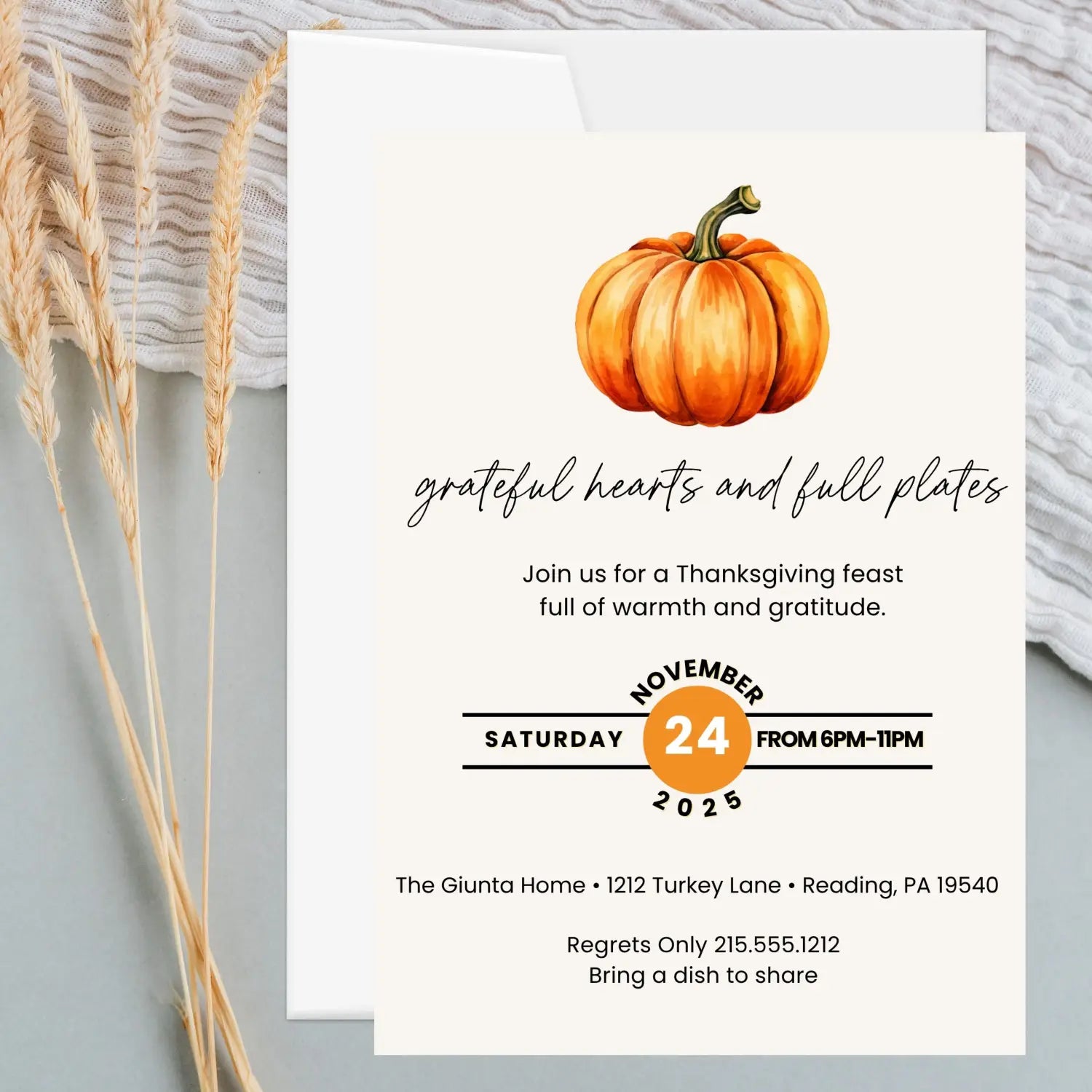 Friendsgiving invitations printed or printable personalized thanksgiving invites grateful hearts and full plates