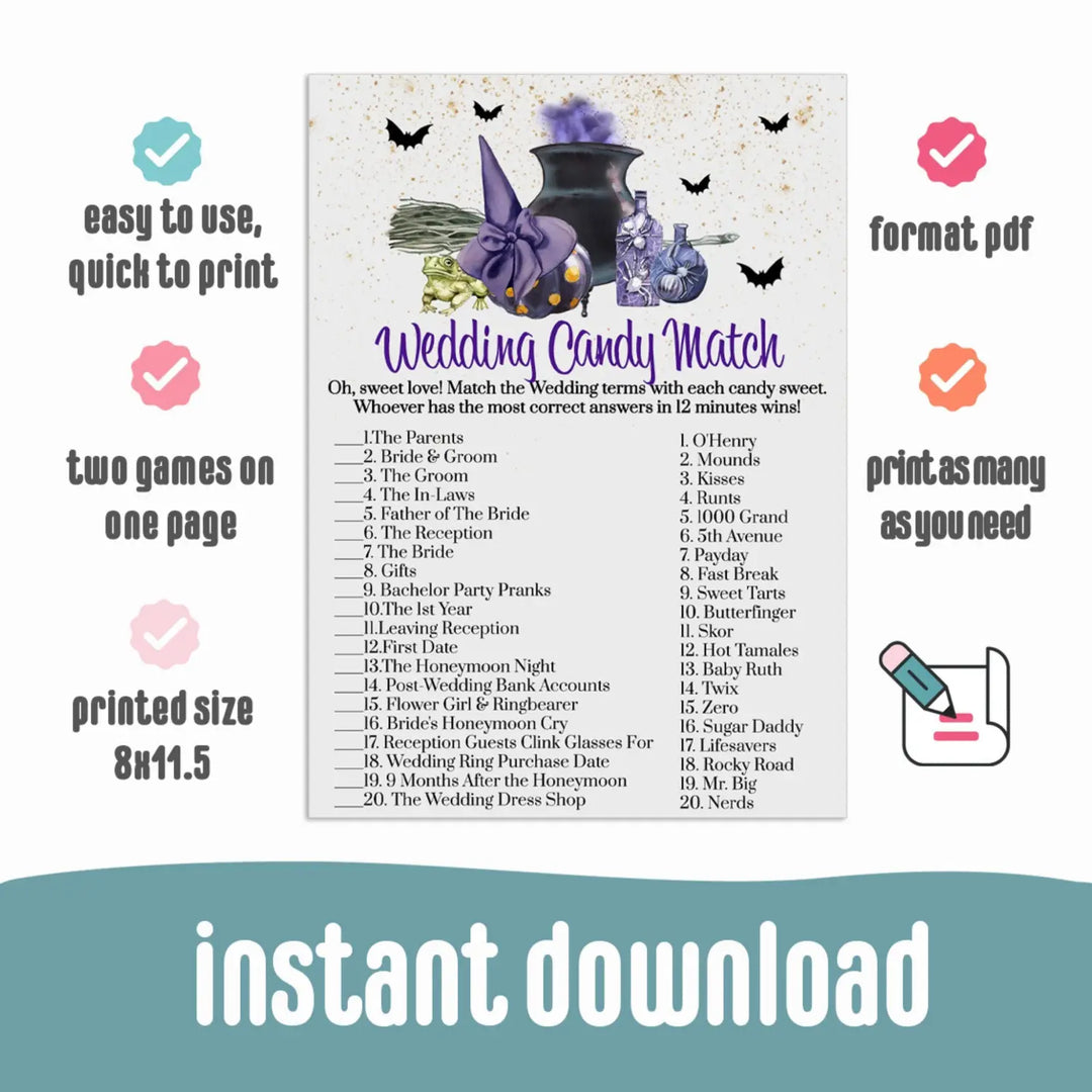 Fun bridal shower game - match the candies challenge - printable pdf - party games