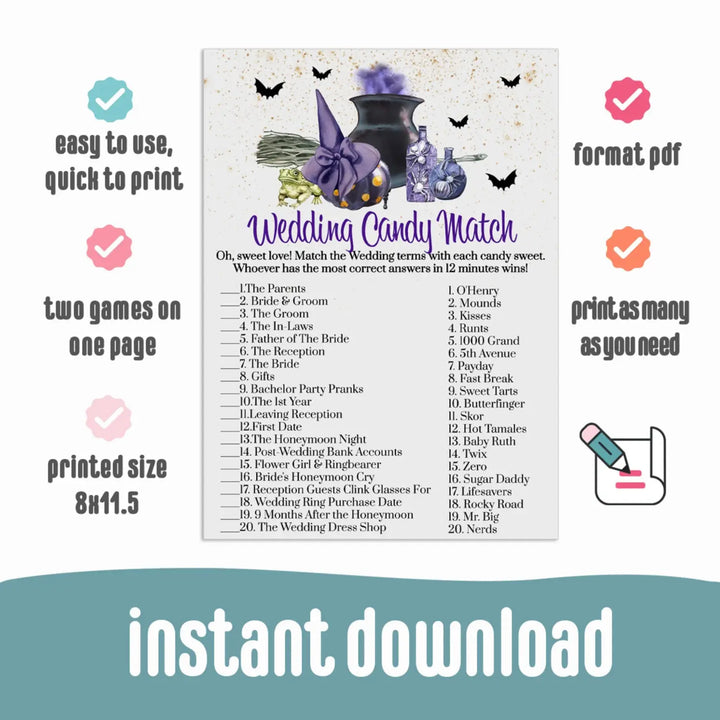 Fun bridal shower game - match the candies challenge - printable pdf - party games