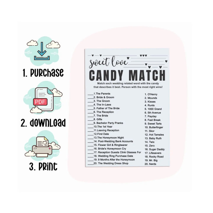 Fun diy bridal shower game - match the candies - printable pdf - party games
