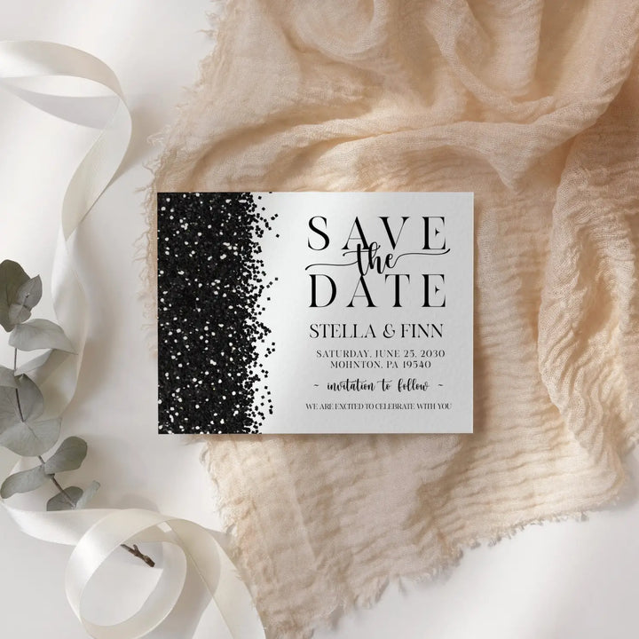 Glam skull black and white modern halloween save the date cards elegant chic wedding announcement with envelopes