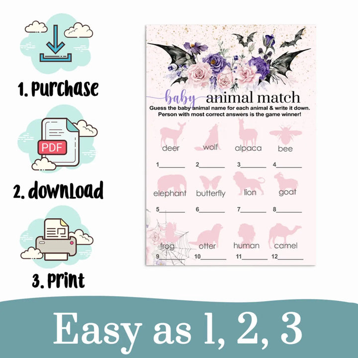 Gothic baby shower animal matching game - printable halloween theme - party games